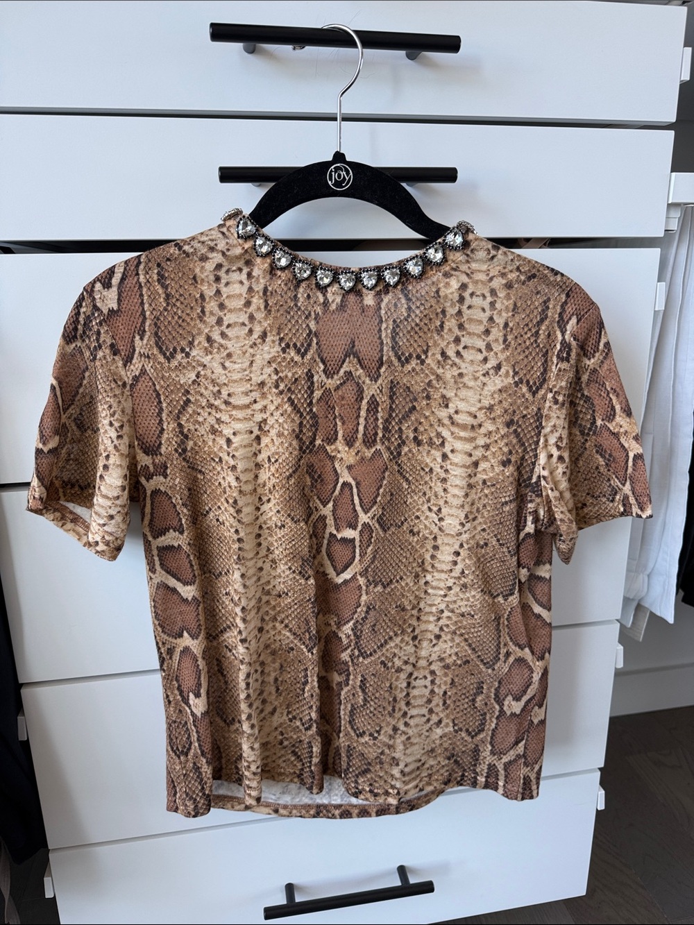 Zimmermann Brown Snake-Print Short Sleeve Top with Jeweled Neckline